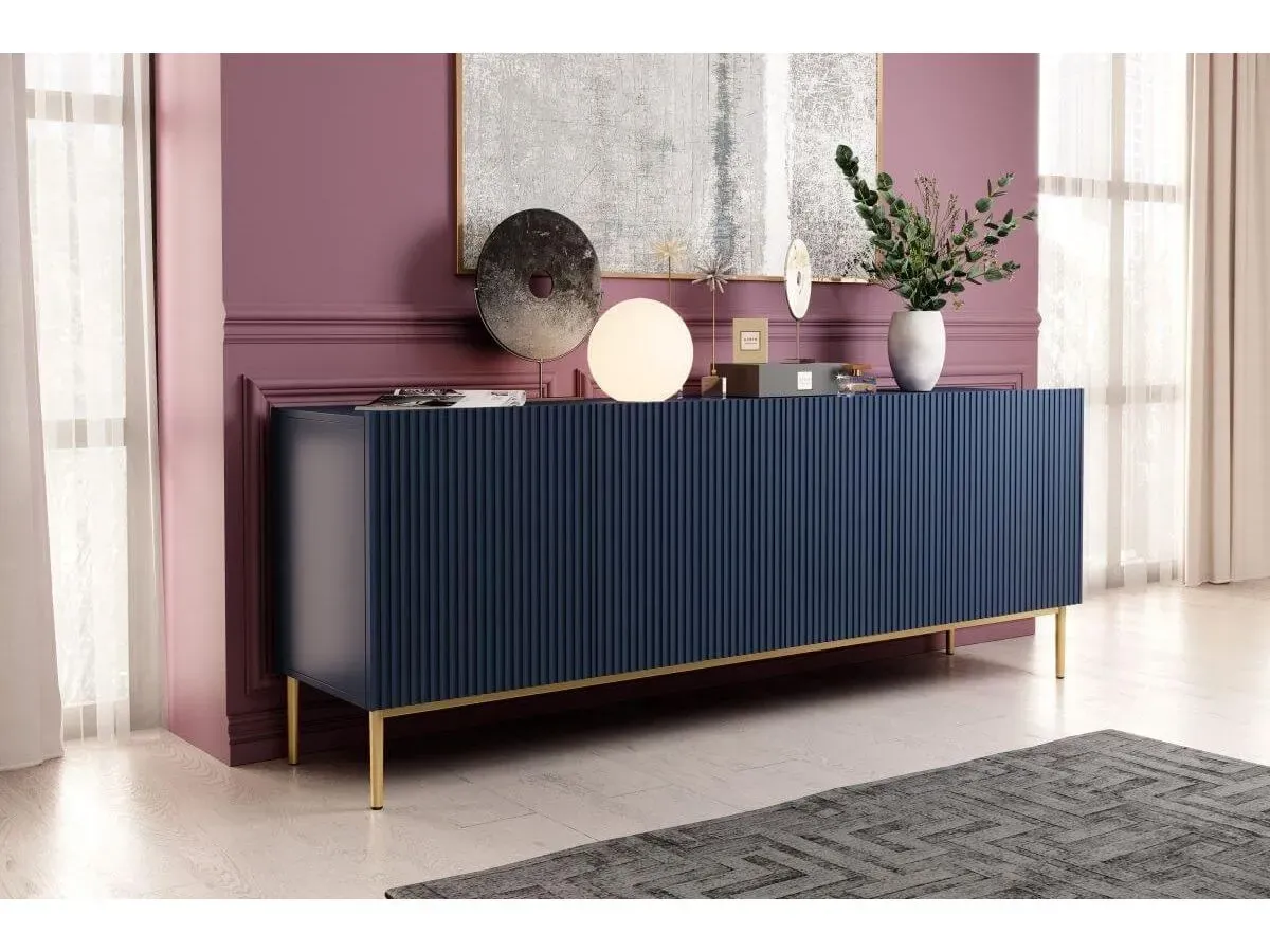 Buffet 4 portes 200 cm KASHA Pieds or bleu foncé   BOBOCHIC