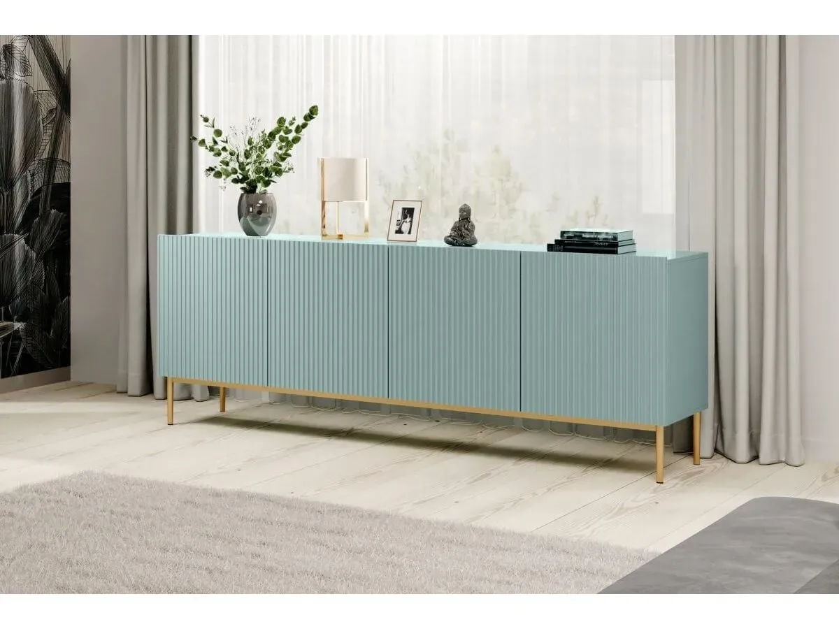 Buffet 4 portes 200 cm KASHA Pieds or bleu clair   BOBOCHIC