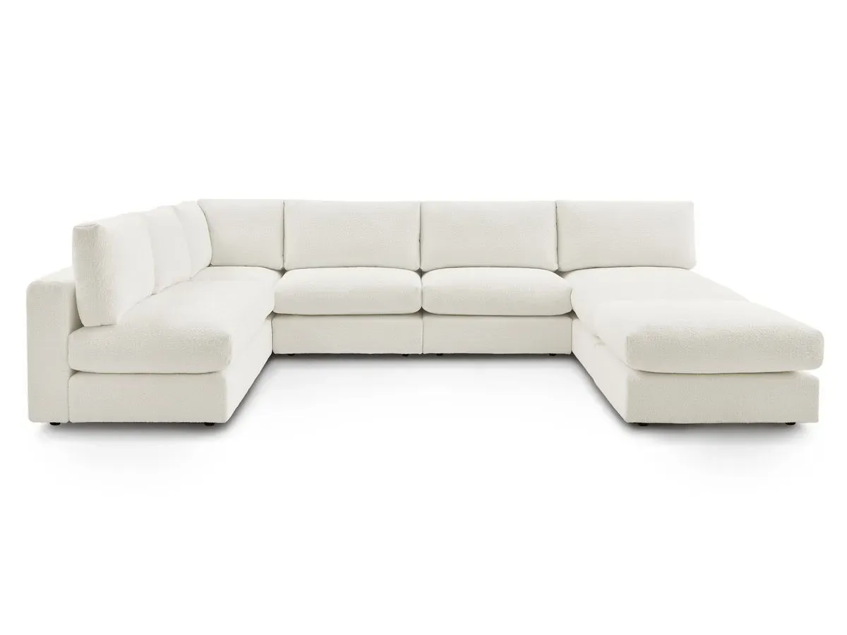 Canapé d'angle fixe 100% modulable PARIS tissu bouclette 3 chauffeuses, 1 méridienne, 1 angle, 1 pouf blanc   BOBOCHIC 6 places