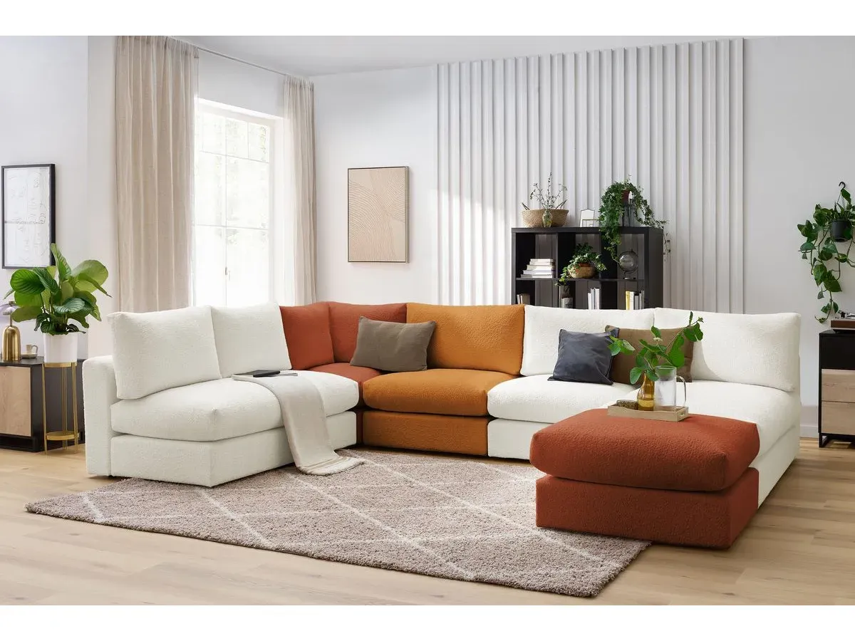 Canapé d'angle fixe 100% modulable PARIS tissu bouclette 3 chauffeuses, 1 méridienne, 1 angle, 1 pouf multicolore   BOBOCHIC 6 places