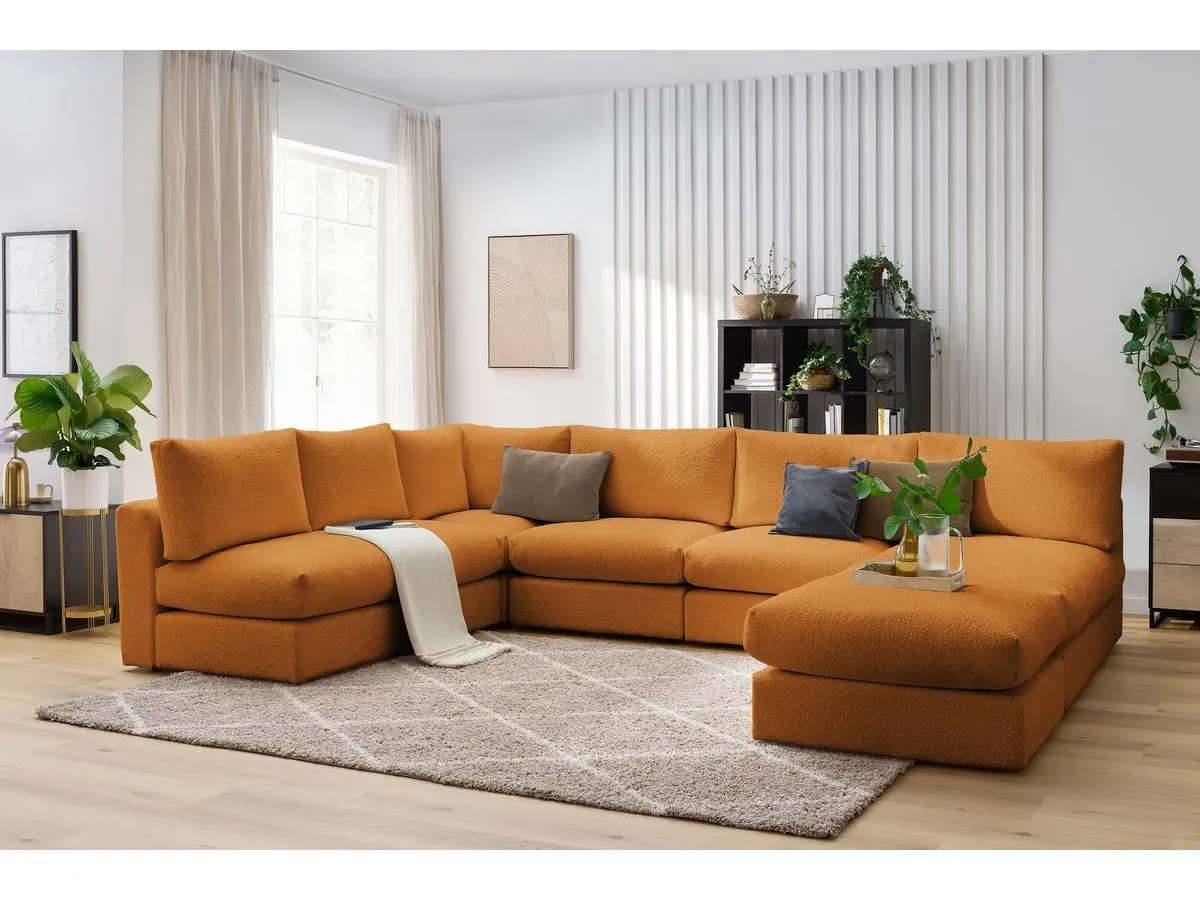 Canapé d'angle fixe 100% modulable PARIS tissu bouclette 3 chauffeuses, 1 méridienne, 1 angle, 1 pouf jaune   BOBOCHIC 6 places