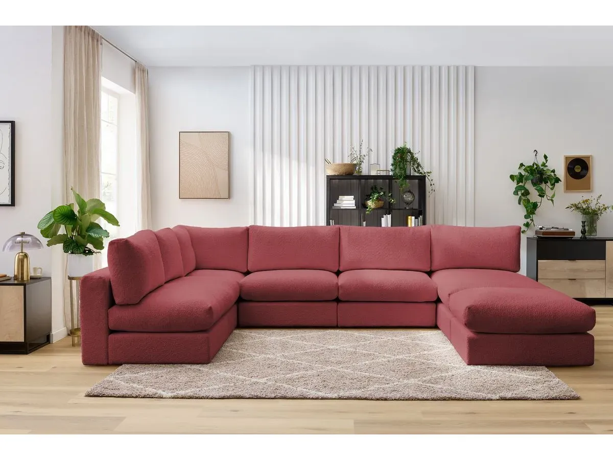 Canapé d'angle fixe 100% modulable PARIS tissu bouclette 3 chauffeuses, 1 méridienne, 1 angle, 1 pouf rouge   BOBOCHIC 6 places