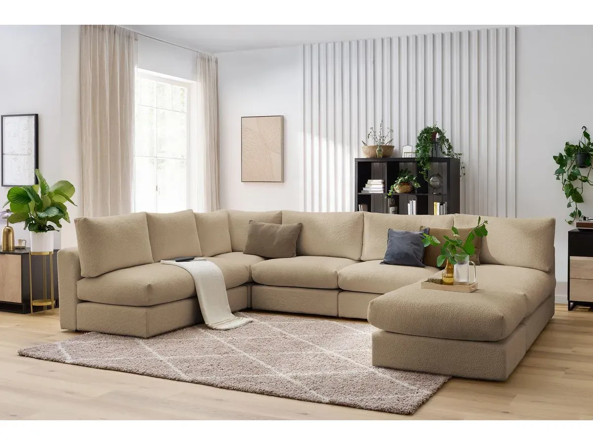 Canapé d'angle fixe 100% modulable PARIS tissu bouclette 3 chauffeuses, 1 méridienne, 1 angle, 1 pouf marron   BOBOCHIC 6 places