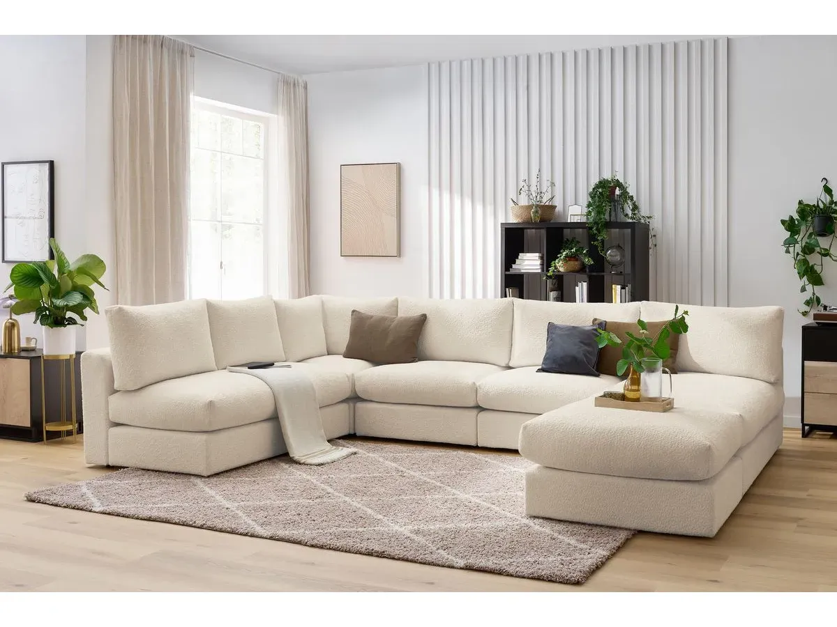 Canapé d'angle fixe 100% modulable PARIS tissu bouclette 3 chauffeuses, 1 méridienne, 1 angle, 1 pouf beige   BOBOCHIC 6 places