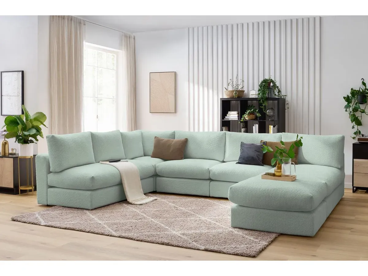 Canapé d'angle fixe 100% modulable PARIS tissu bouclette 3 chauffeuses, 1 méridienne, 1 angle, 1 pouf vert   BOBOCHIC 6 places