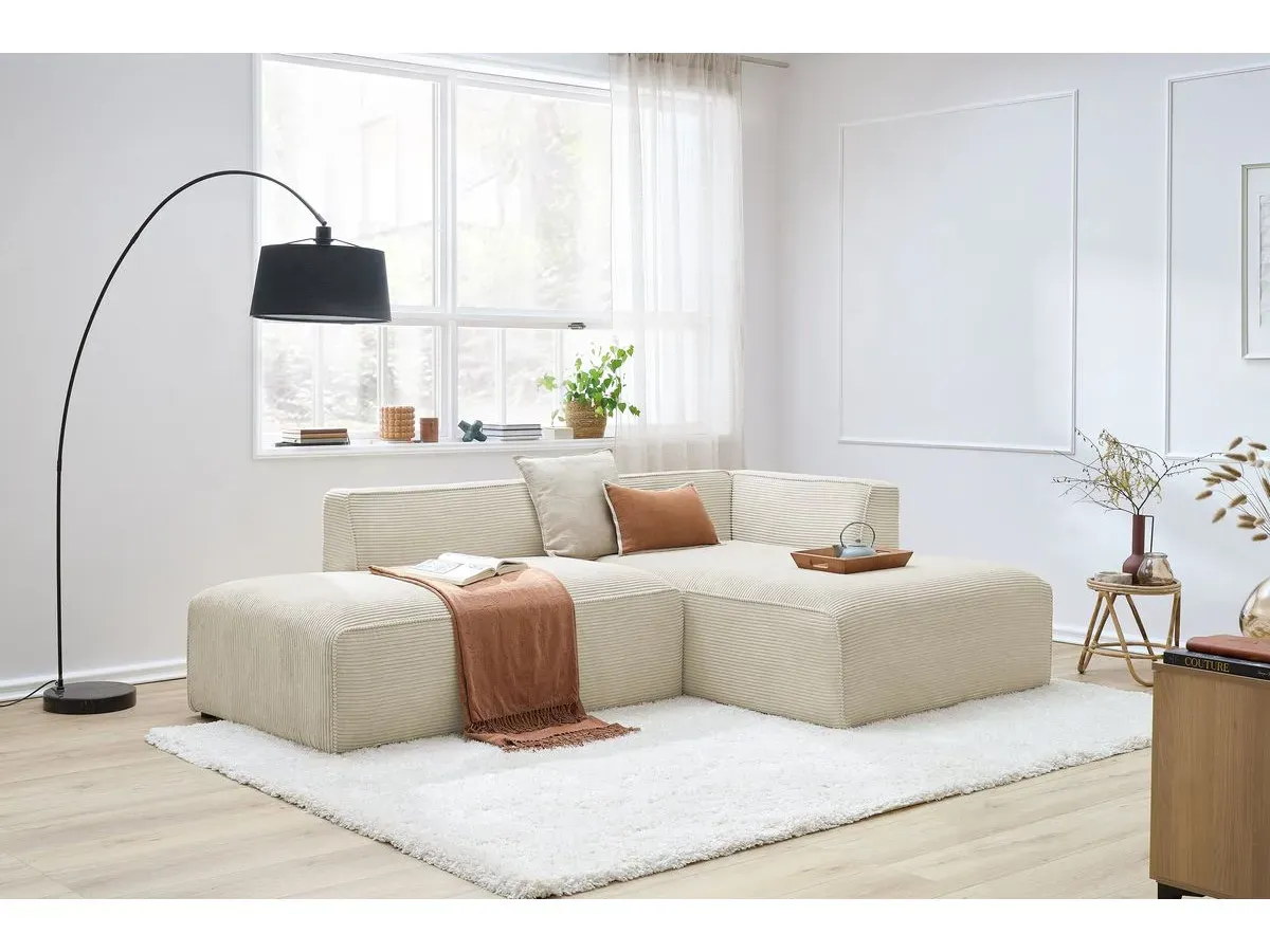 Canapé d'angle fixe MEGEVE tissu velours côtelé beige  angle droit BOBOCHIC 4 places