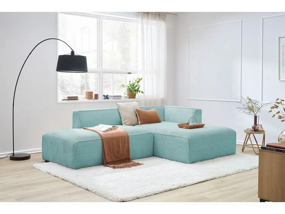 Canapé d'angle fixe MEGEVE tissu velours côtelé bleu clair  angle droit BOBOCHIC 4 places