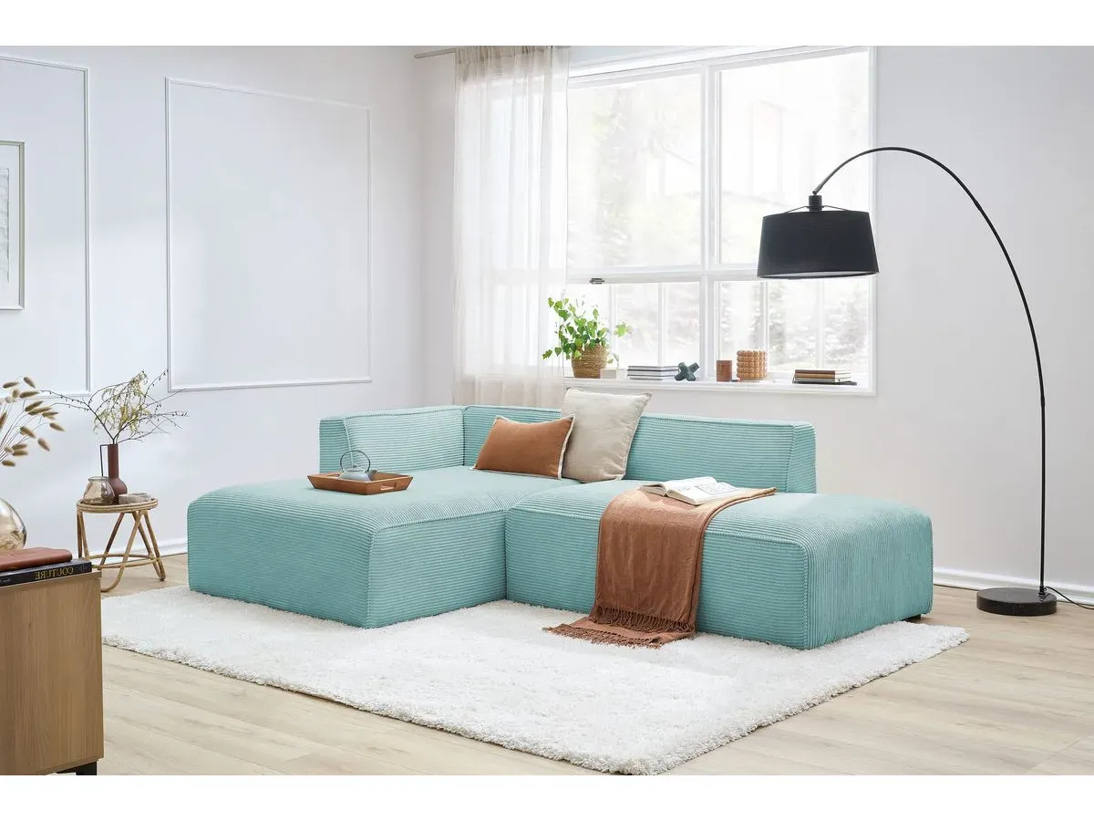 Canapé d'angle fixe MEGEVE tissu velours côtelé bleu clair  angle gauche BOBOCHIC 4 places