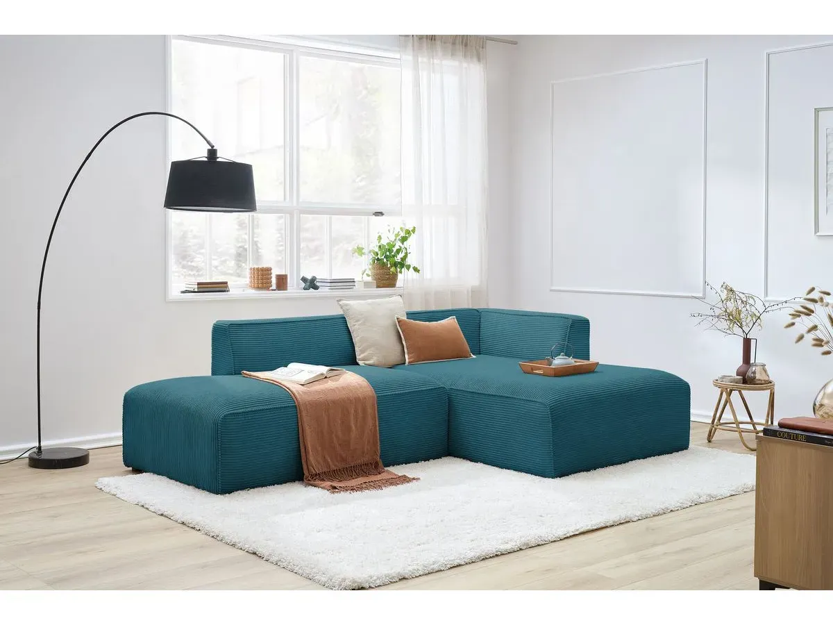 Canapé d'angle fixe MEGEVE tissu velours côtelé bleu foncé  angle droit BOBOCHIC 4 places