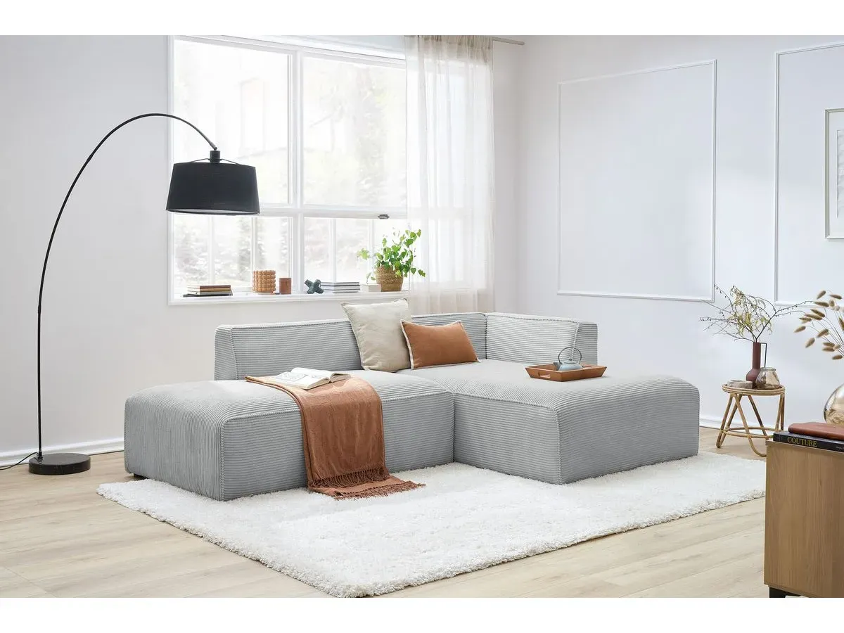 Canapé d'angle fixe MEGEVE tissu velours côtelé gris clair  angle droit BOBOCHIC 4 places