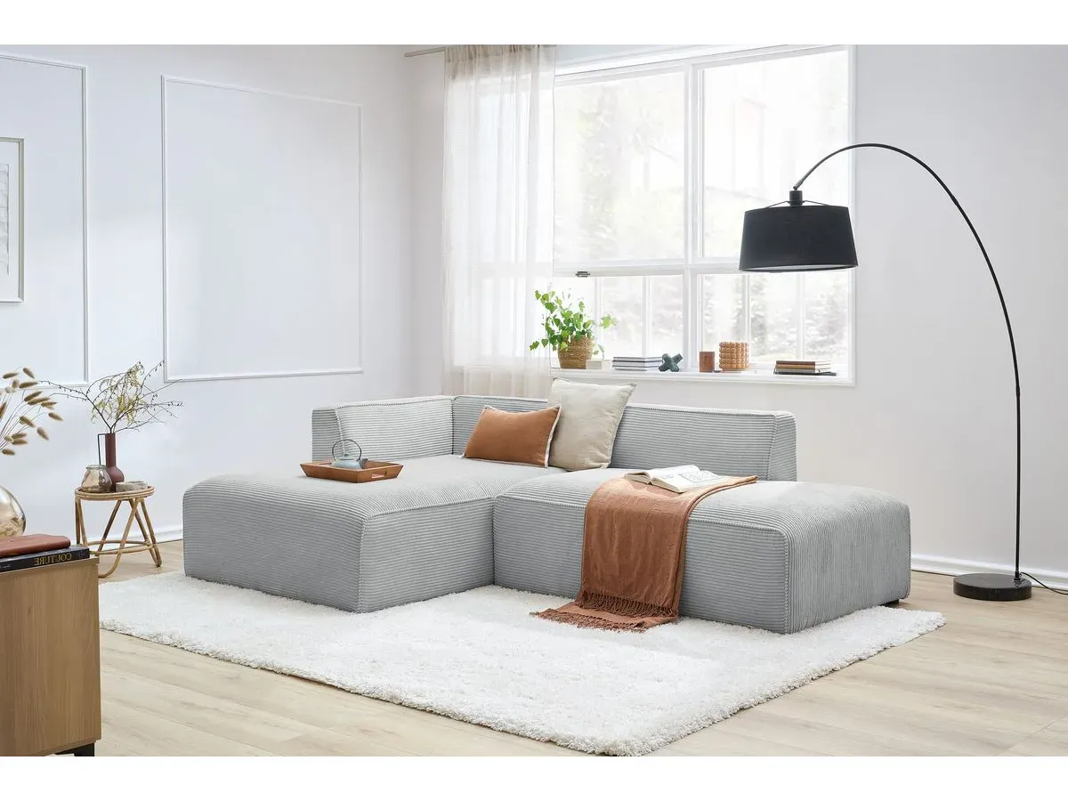 Canapé d'angle fixe MEGEVE tissu velours côtelé gris clair  angle gauche BOBOCHIC 4 places