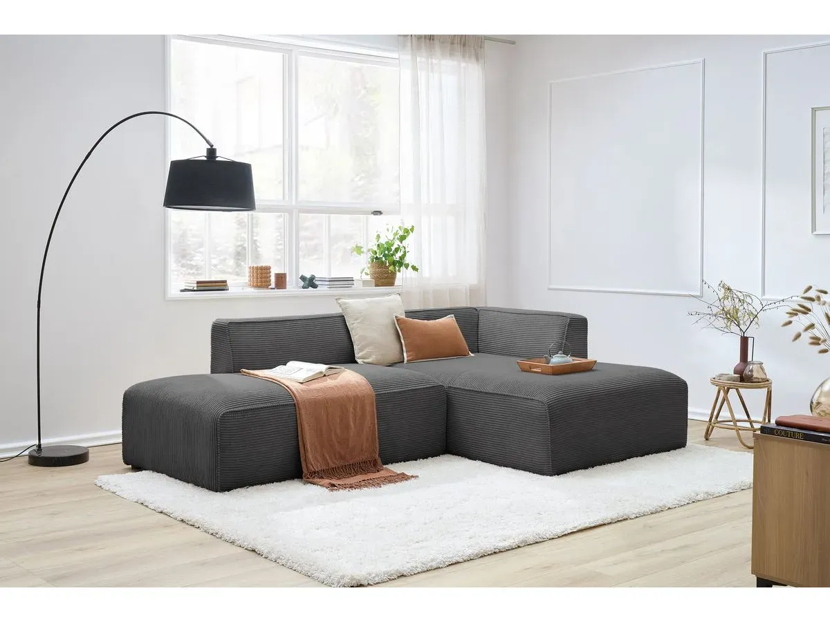 Canapé d'angle fixe MEGEVE tissu velours côtelé gris foncé  angle droit BOBOCHIC 4 places