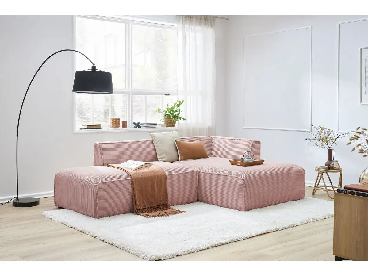 Canapé d'angle fixe MEGEVE tissu velours côtelé rose  angle droit BOBOCHIC 4 places