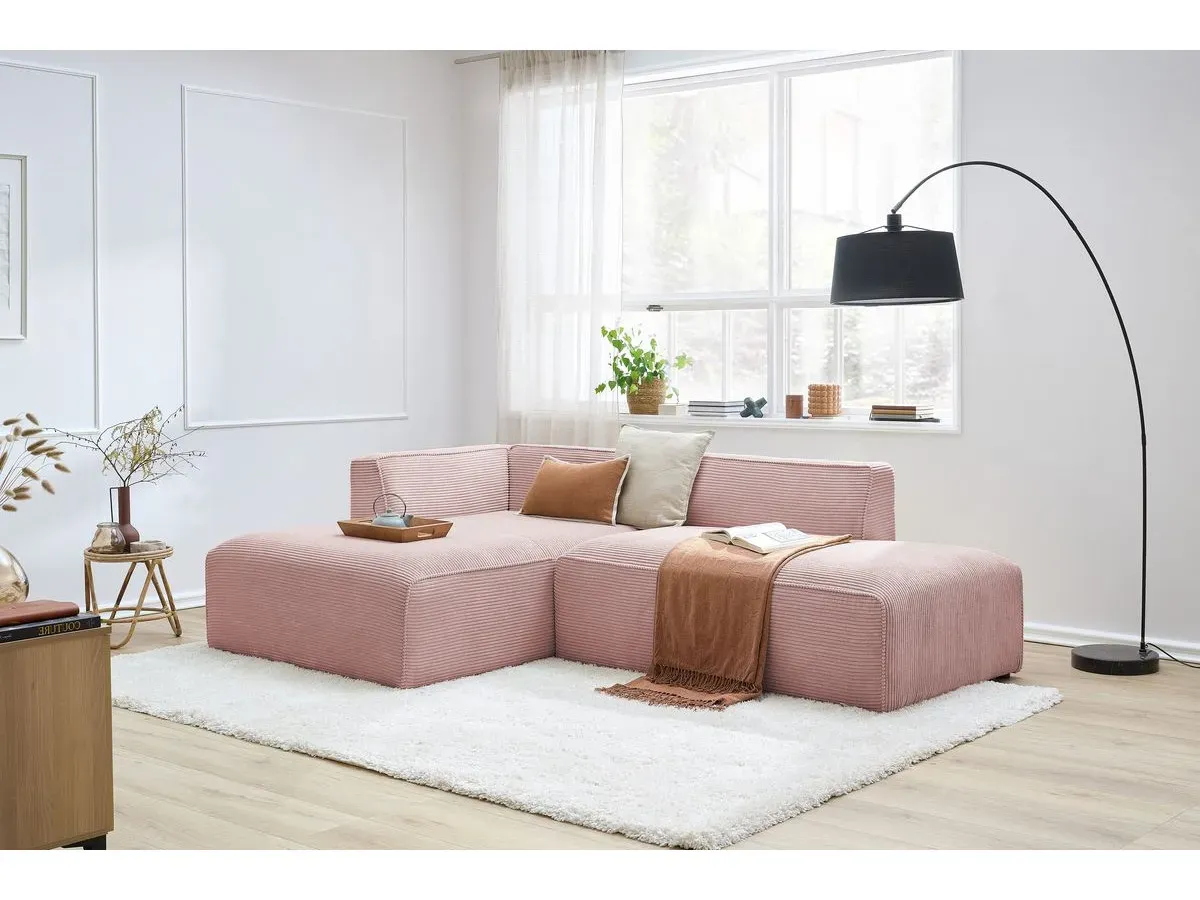 Canapé d'angle fixe MEGEVE tissu velours côtelé rose  angle gauche BOBOCHIC 4 places