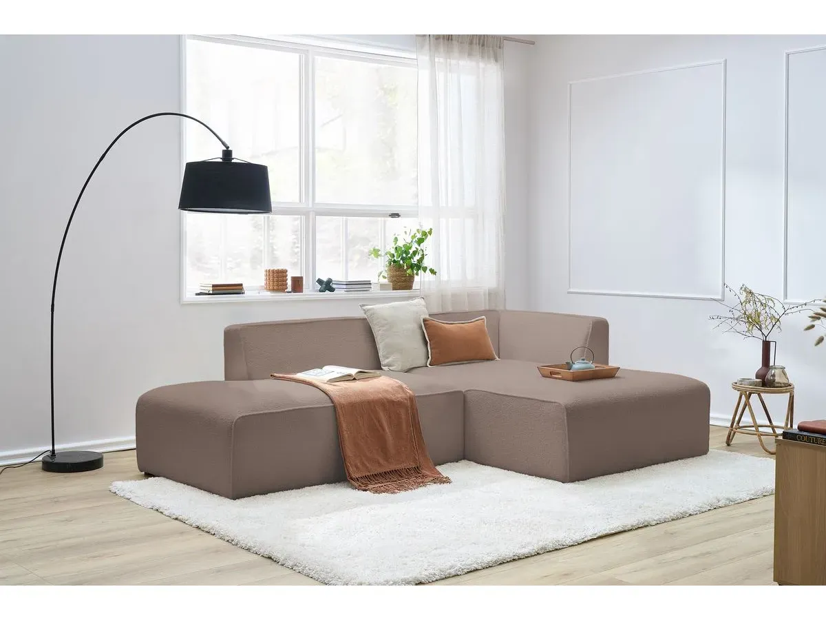 Canapé d'angle fixe MEGEVE tissu bouclette marron  angle droit BOBOCHIC 4 places