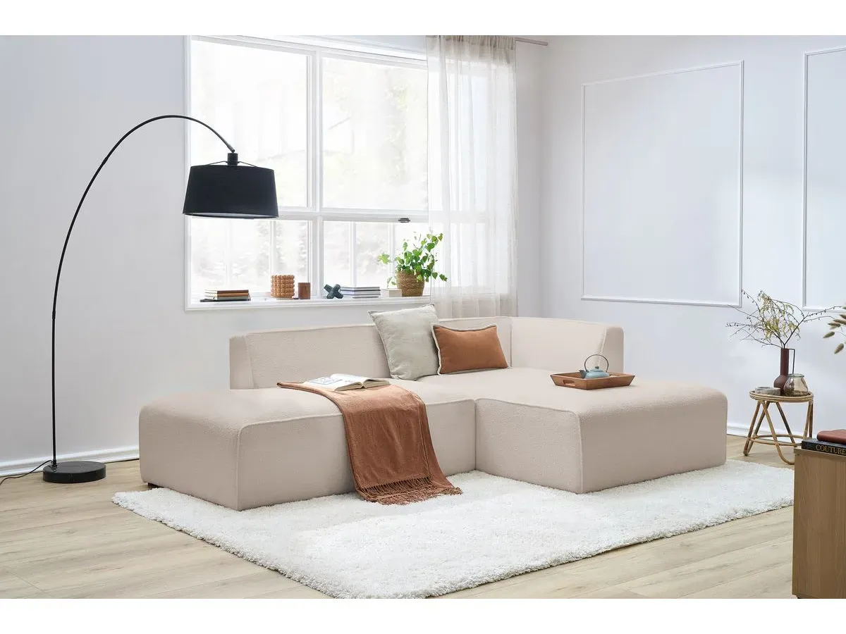 Canapé d'angle fixe MEGEVE tissu bouclette beige  angle droit BOBOCHIC 4 places