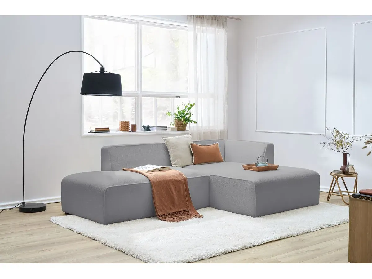 Canapé d'angle fixe MEGEVE tissu bouclette gris clair  angle droit BOBOCHIC 4 places