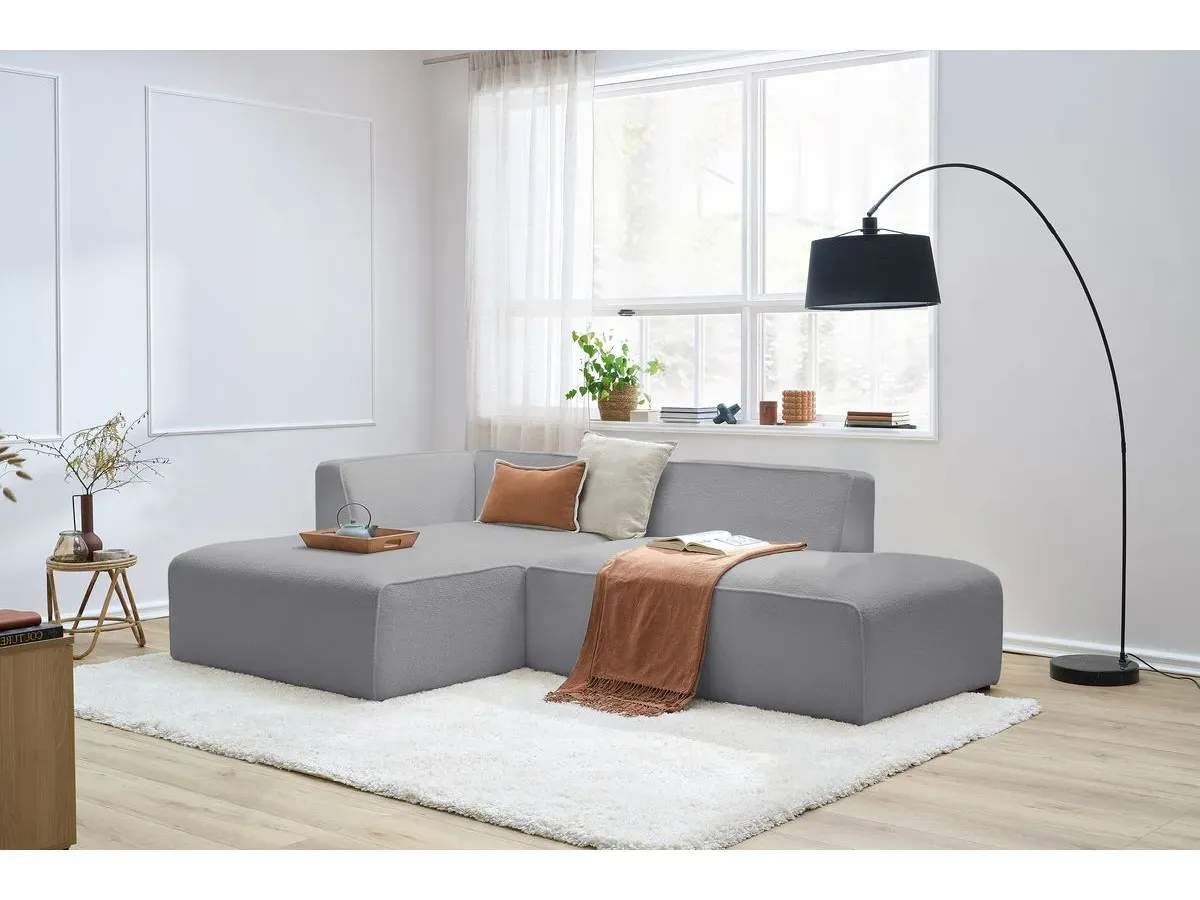 Canapé d'angle fixe MEGEVE tissu bouclette gris clair  angle gauche BOBOCHIC 4 places
