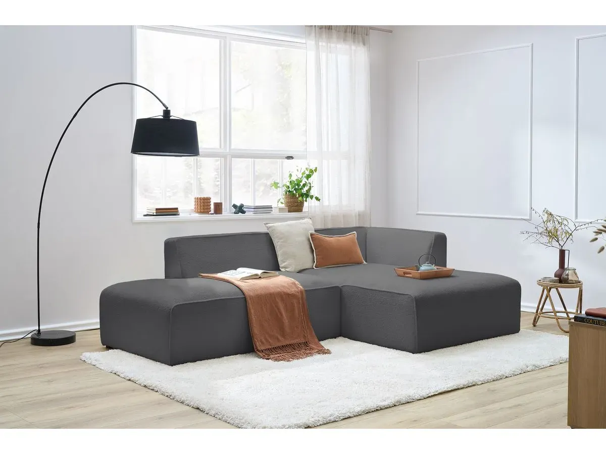 Canapé d'angle fixe MEGEVE tissu bouclette gris foncé  angle droit BOBOCHIC 4 places