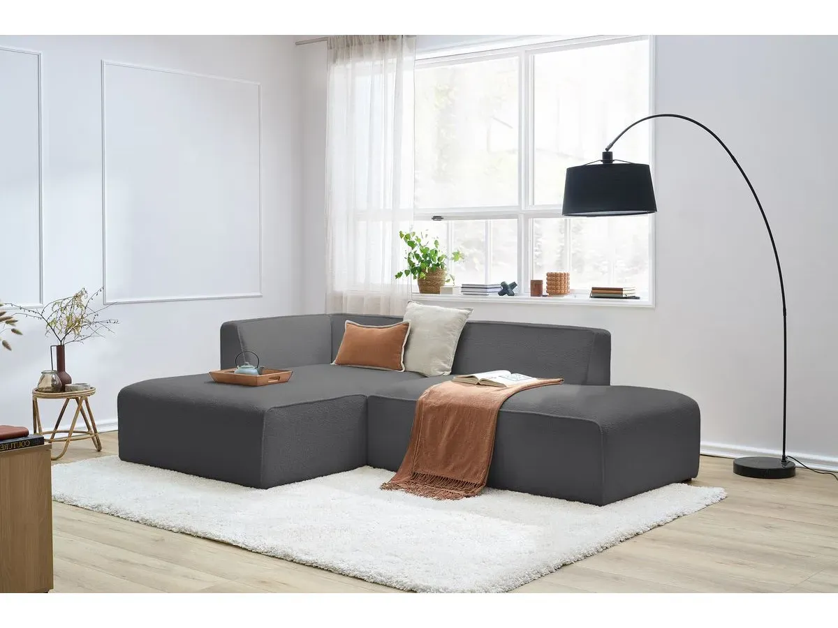 Canapé d'angle fixe MEGEVE tissu bouclette gris foncé  angle gauche BOBOCHIC 4 places