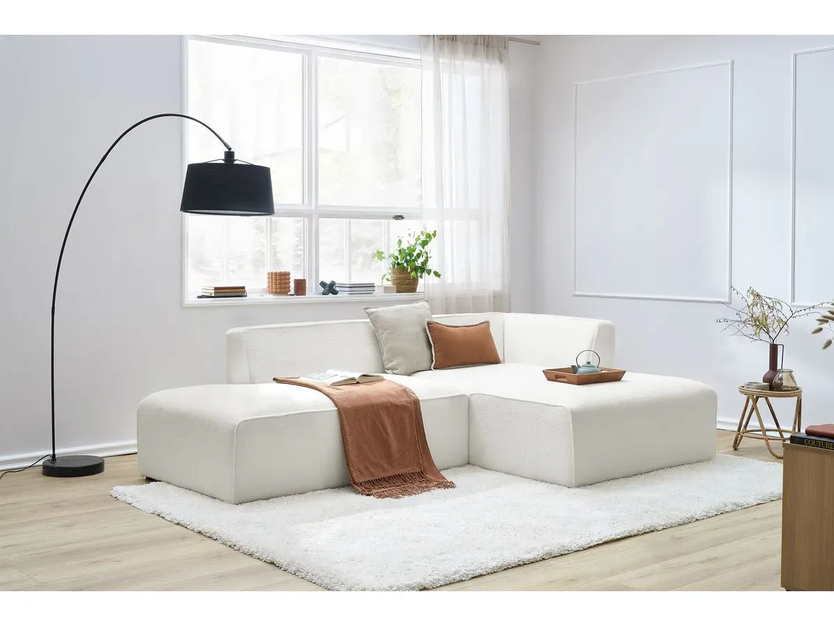 Canapé d'angle fixe MEGEVE tissu bouclette blanc  angle droit BOBOCHIC 4 places