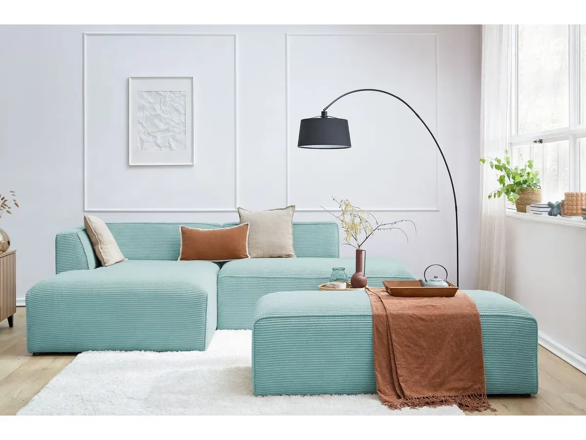 Canapé d'angle fixe modulable MEGEVE tissu velours côtelé avec pouf bleu clair  angle gauche BOBOCHIC 5 places