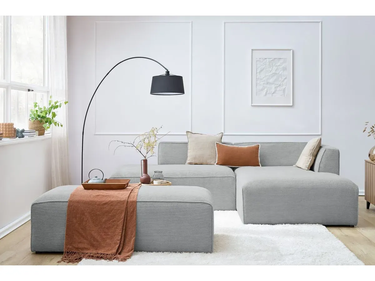 Canapé d'angle fixe modulable MEGEVE tissu velours côtelé avec pouf gris clair  angle droit BOBOCHIC 5 places