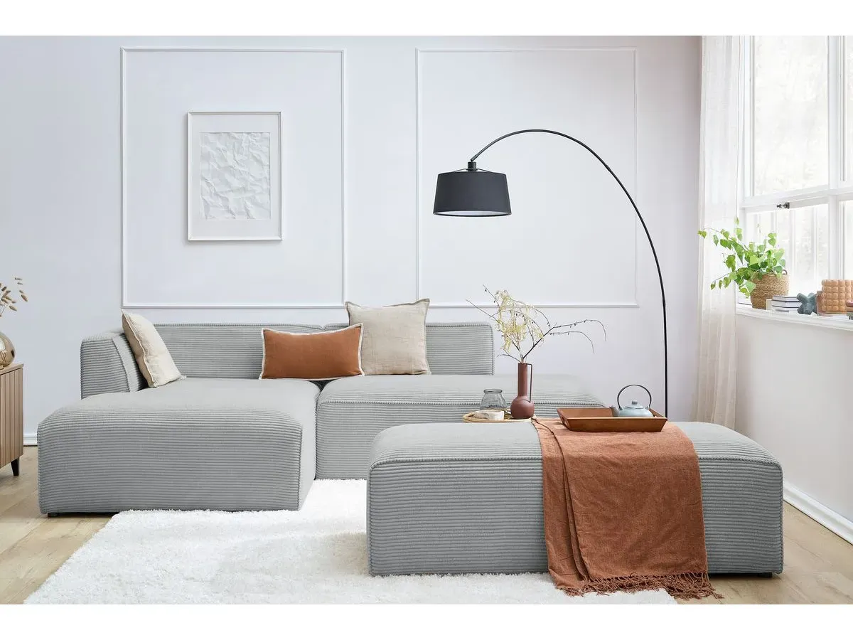 Canapé d'angle fixe modulable MEGEVE tissu velours côtelé avec pouf gris clair  angle gauche BOBOCHIC 5 places