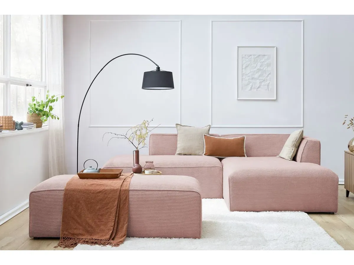 Canapé d'angle fixe modulable MEGEVE tissu velours côtelé avec pouf rose  angle droit BOBOCHIC 5 places