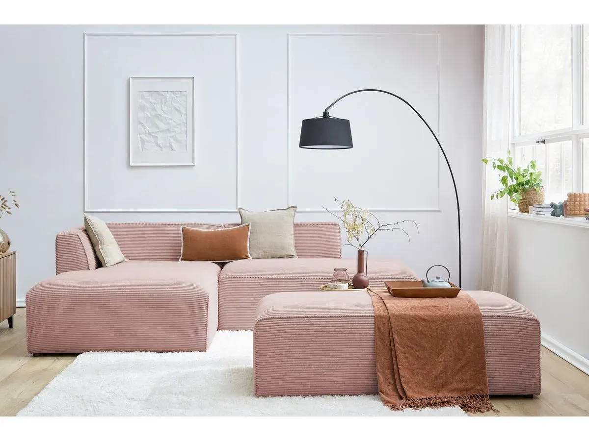 Canapé d'angle fixe modulable MEGEVE tissu velours côtelé avec pouf rose  angle gauche BOBOCHIC 5 places