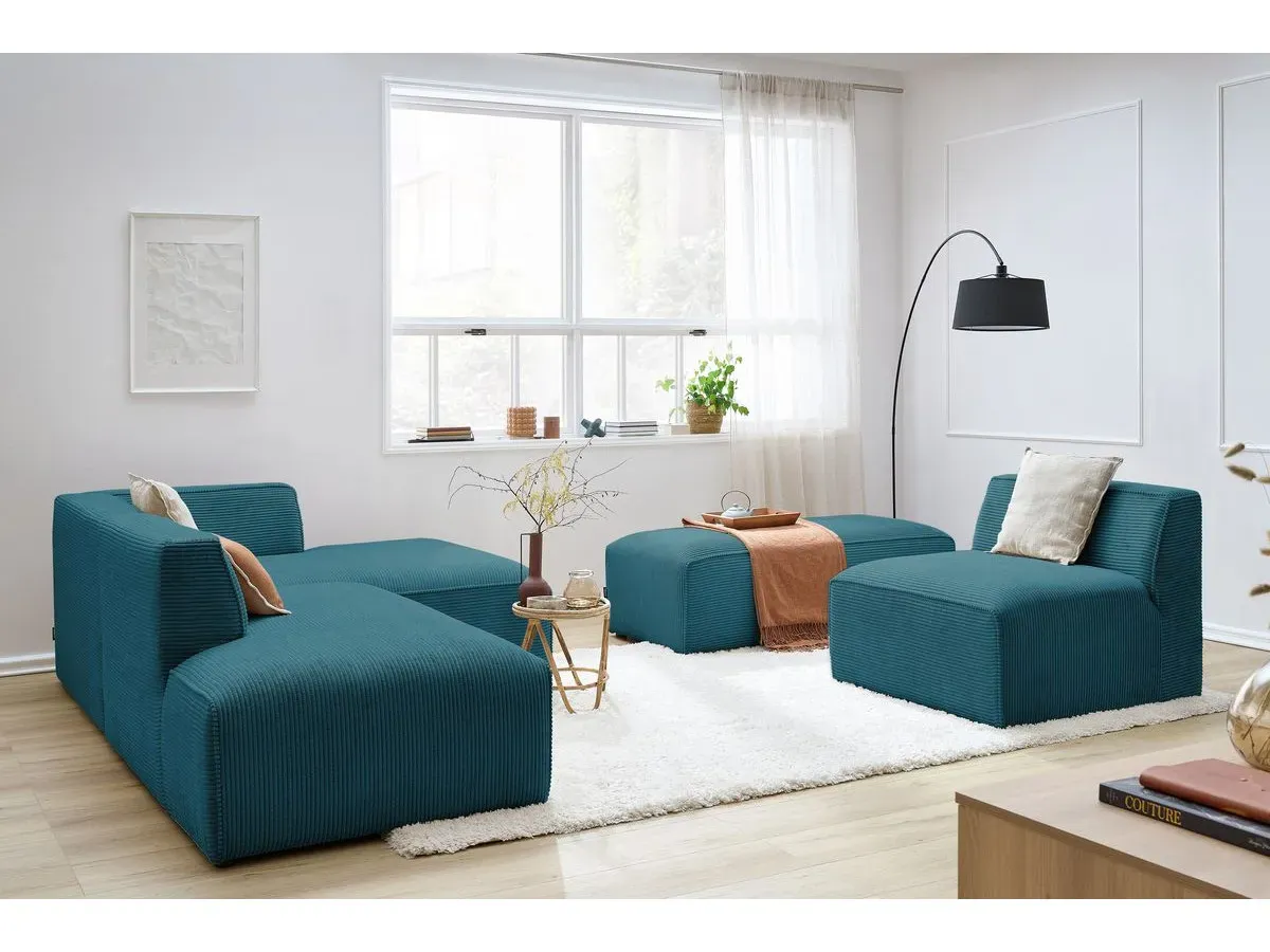 Canapé d'angle fixe modulable MEGEVE tissu velours côtelé avec 1 chauffeuse et 1 pouf bleu foncé  angle droit BOBOCHIC 6 places