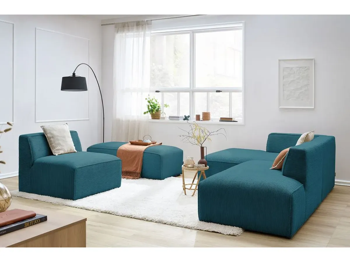 Canapé d'angle fixe modulable MEGEVE tissu velours côtelé avec 1 chauffeuse et 1 pouf bleu foncé  angle gauche BOBOCHIC 6 places