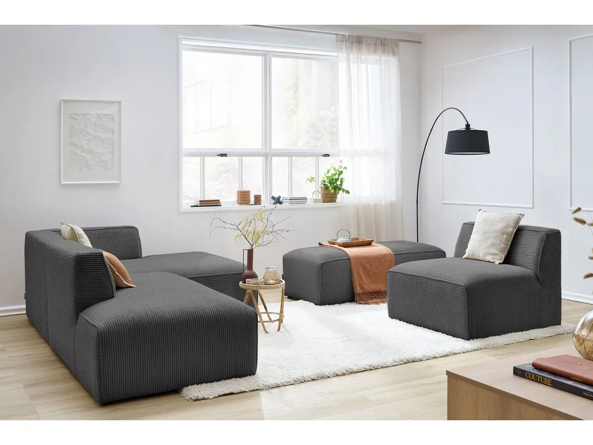 Canapé d'angle fixe modulable MEGEVE tissu velours côtelé avec 1 chauffeuse et 1 pouf gris foncé  angle droit BOBOCHIC 6 places