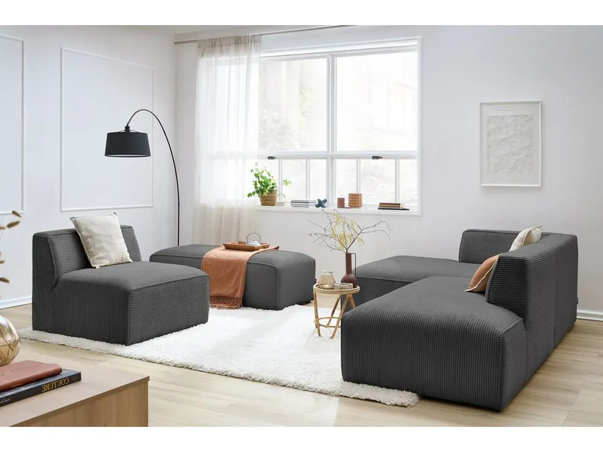 Canapé d'angle fixe modulable MEGEVE tissu velours côtelé avec 1 chauffeuse et 1 pouf gris foncé  angle gauche BOBOCHIC 6 places