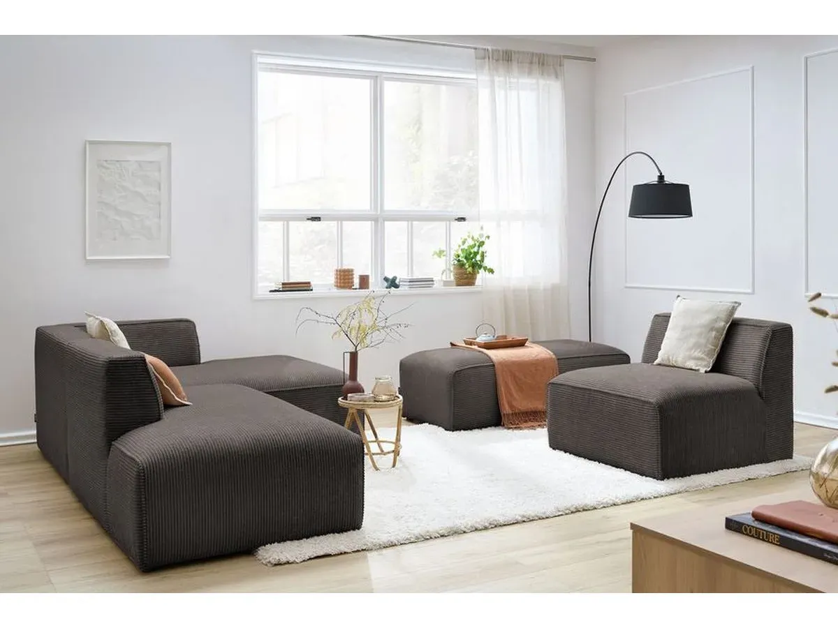 Canapé d'angle fixe modulable MEGEVE tissu velours côtelé avec 1 chauffeuse et 1 pouf marron  angle droit BOBOCHIC 6 places