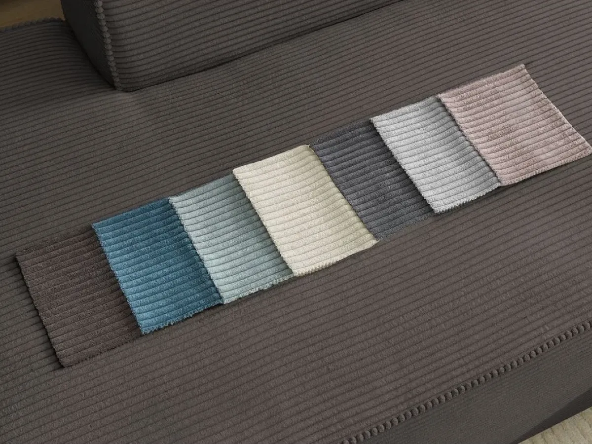 Canapé d'angle fixe modulable MEGEVE tissu velours côtelé avec 1 chauffeuse et 1 pouf marron  angle gauche BOBOCHIC 6 places