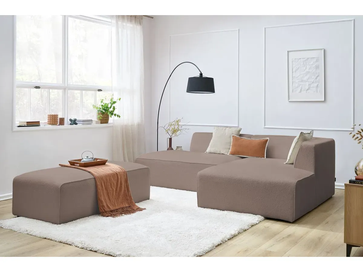 Canapé d'angle fixe modulable MEGEVE tissu bouclette avec pouf marron  angle droit BOBOCHIC 5 places