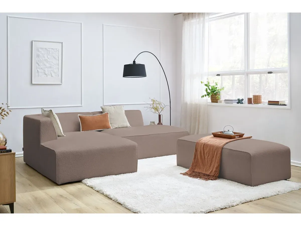 Canapé d'angle fixe modulable MEGEVE tissu bouclette avec pouf marron  angle gauche BOBOCHIC 5 places