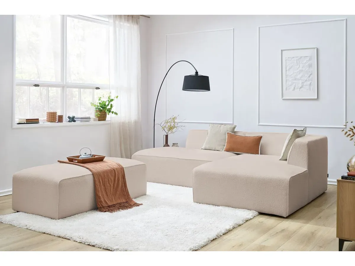 Canapé d'angle fixe modulable MEGEVE tissu bouclette avec pouf beige  angle droit BOBOCHIC 5 places