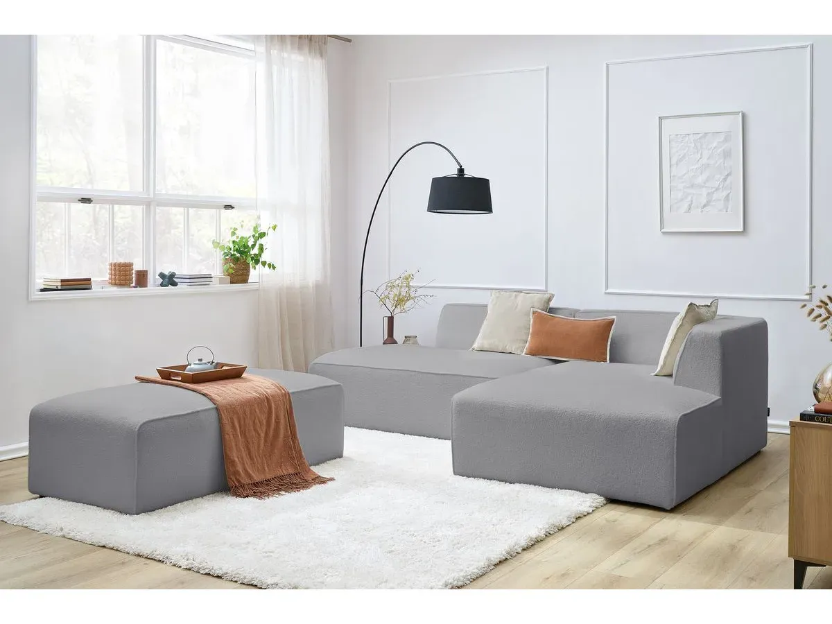 Canapé d'angle fixe modulable MEGEVE tissu bouclette avec pouf gris clair  angle droit BOBOCHIC 5 places
