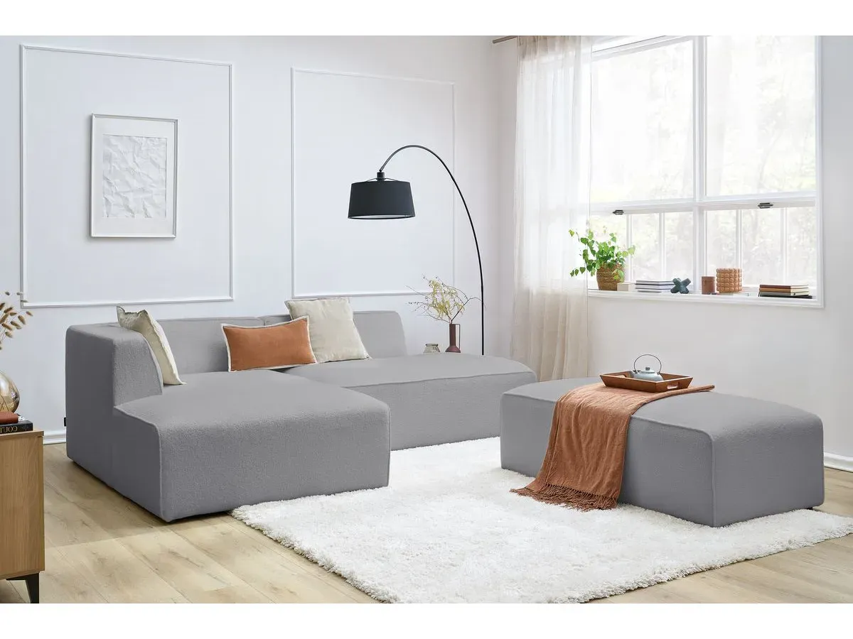 Canapé d'angle fixe modulable MEGEVE tissu bouclette avec pouf gris clair  angle gauche BOBOCHIC 5 places