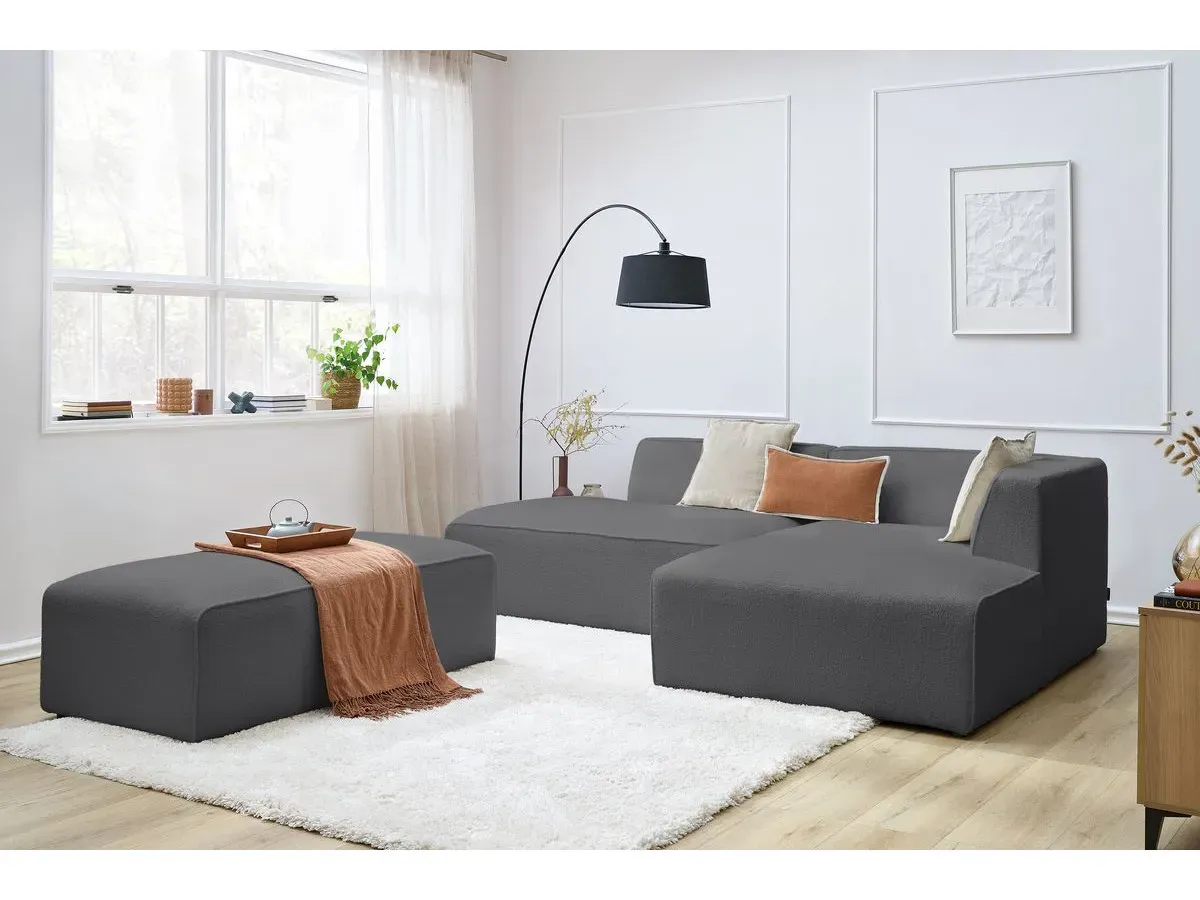 Canapé d'angle fixe modulable MEGEVE tissu bouclette avec pouf gris foncé  angle droit BOBOCHIC 5 places