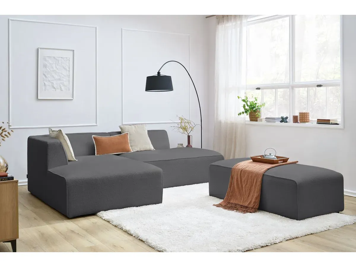 Canapé d'angle fixe modulable MEGEVE tissu bouclette avec pouf gris foncé  angle gauche BOBOCHIC 5 places