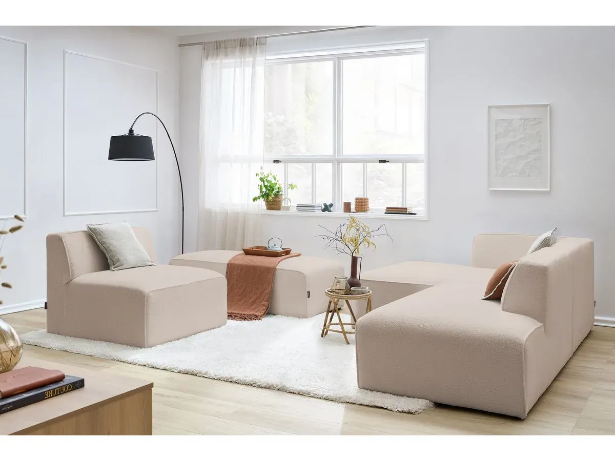 Canapé d'angle fixe modulable MEGEVE tissu bouclette avec 1 chauffeuse et 1 pouf beige  angle gauche BOBOCHIC 6 places