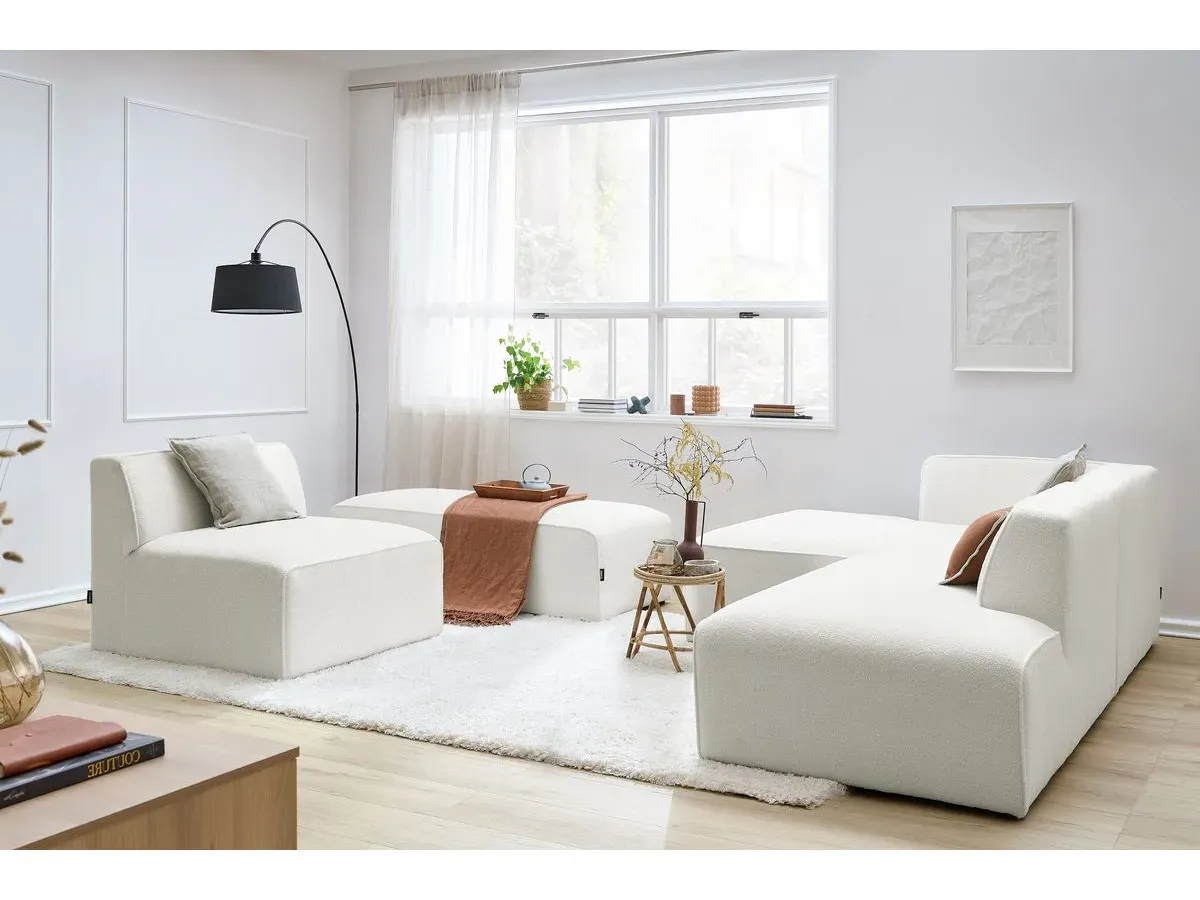 Canapé d'angle fixe modulable MEGEVE tissu bouclette avec 1 chauffeuse et 1 pouf blanc  angle gauche BOBOCHIC 6 places