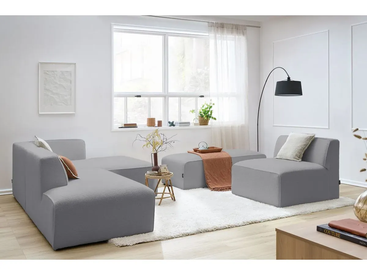 Canapé d'angle fixe modulable MEGEVE tissu bouclette avec 1 chauffeuse et 1 pouf gris clair  angle droit BOBOCHIC 6 places