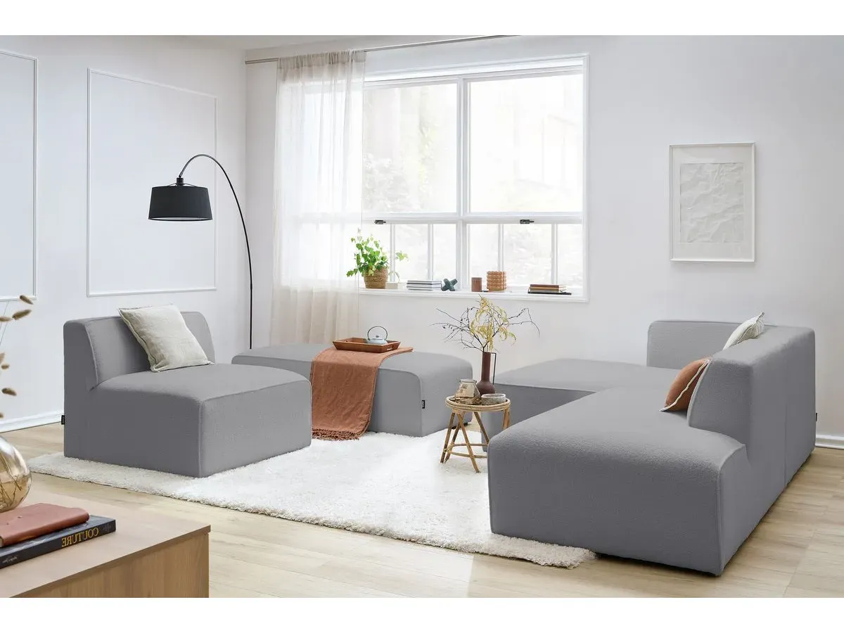 Canapé d'angle fixe modulable MEGEVE tissu bouclette avec 1 chauffeuse et 1 pouf gris clair  angle gauche BOBOCHIC 6 places