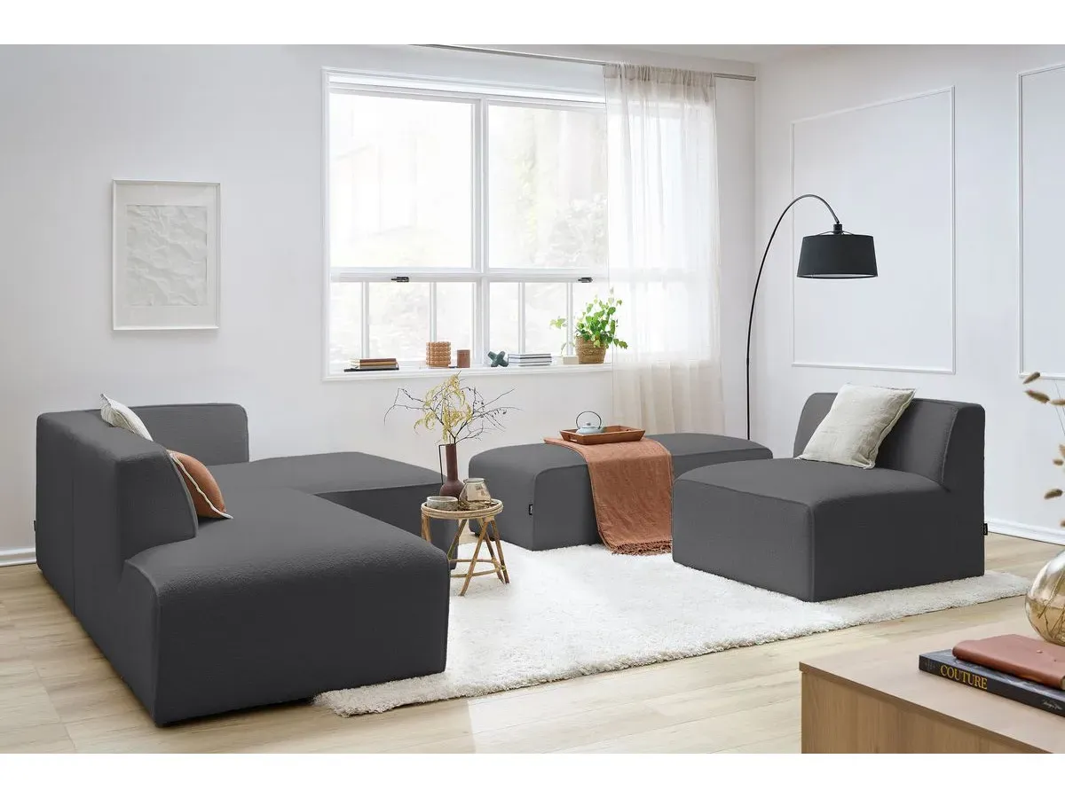 Canapé d'angle fixe modulable MEGEVE tissu bouclette avec 1 chauffeuse et 1 pouf gris foncé  angle droit BOBOCHIC 6 places