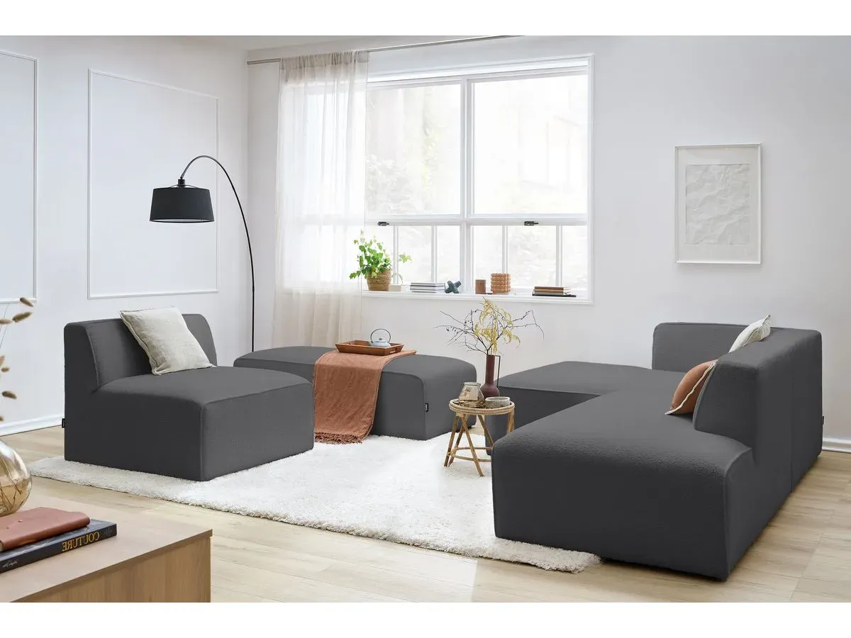 Canapé d'angle fixe modulable MEGEVE tissu bouclette avec 1 chauffeuse et 1 pouf gris foncé  angle gauche BOBOCHIC 6 places