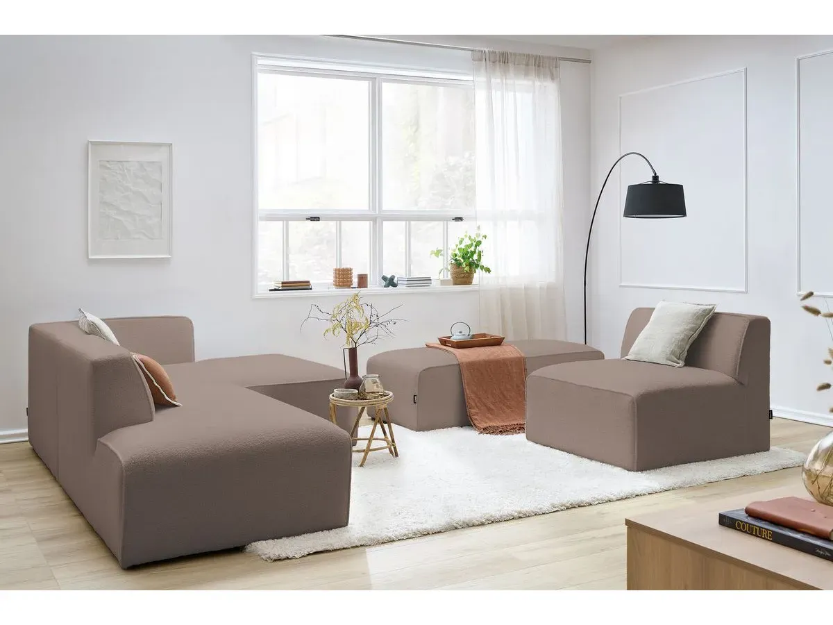 Canapé d'angle fixe modulable MEGEVE tissu bouclette avec 1 chauffeuse et 1 pouf marron  angle droit BOBOCHIC 6 places